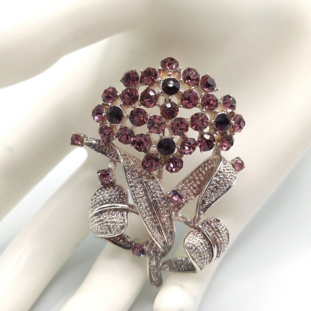 Vintage Purple Rhinestone Flower Brooch, Silver Tone, 2 1/4 Inch, 1990s